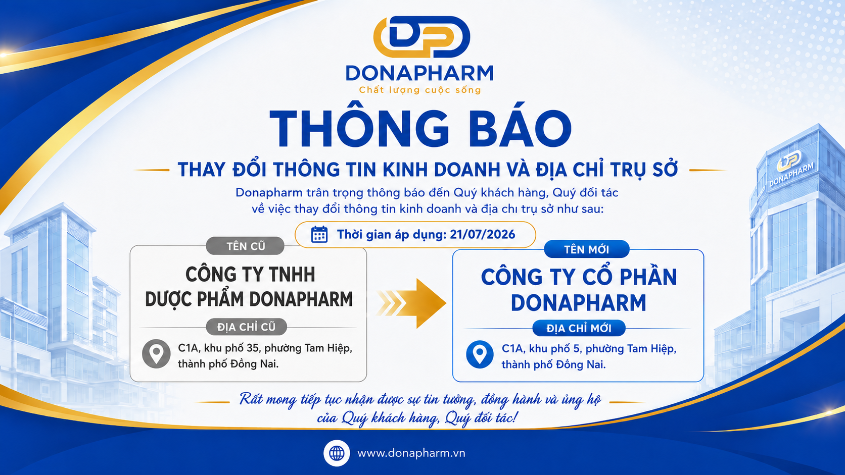 Donapharm chính thức chuyển đổi từ CÔNG TY TNHH DƯỢC PHẨM DONAPHARM thành  CÔNG TY CỔ PHẦN DONAPHARM